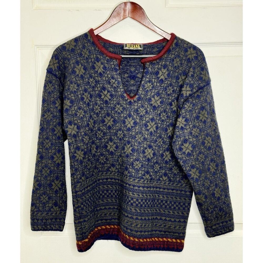 OLEANA OF NORWAY 100% Pure Wool Blue Green Fair Isle Pullover Sweater Sz Large